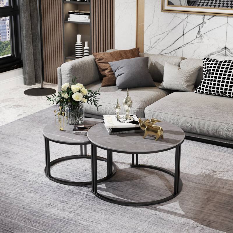 Round Sofa Nesting Coffee Table Sintered Stone Set of 2