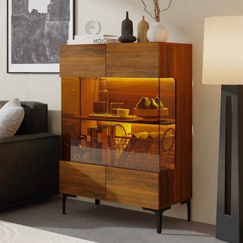 Walnut Glass Bookcase Bookshefl w/Cabinet Storage LED Display Shelves Bathroom or Living Room - 31.5"x45.3"
