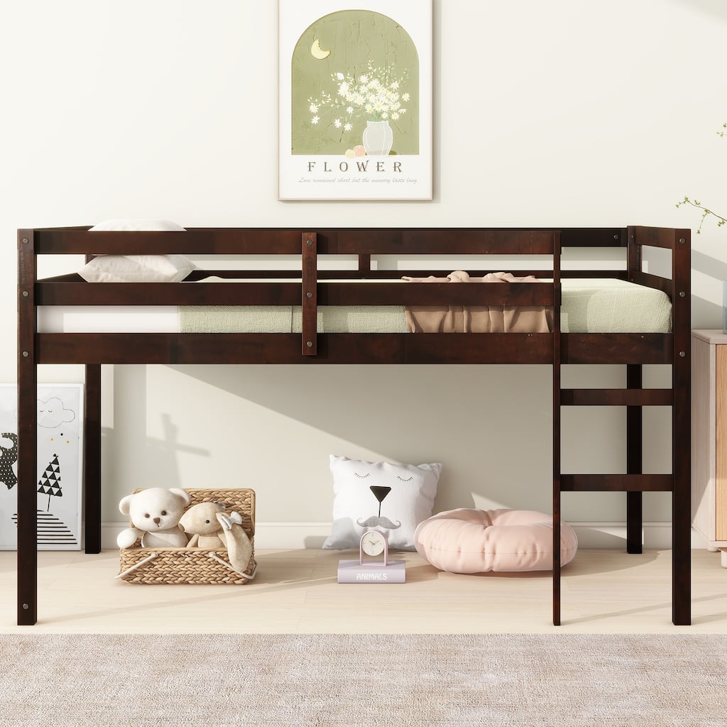 Twin Loft Bed with Ladder, Strengthened Slats, Espresso Finish, Rubber Wood & Plywood