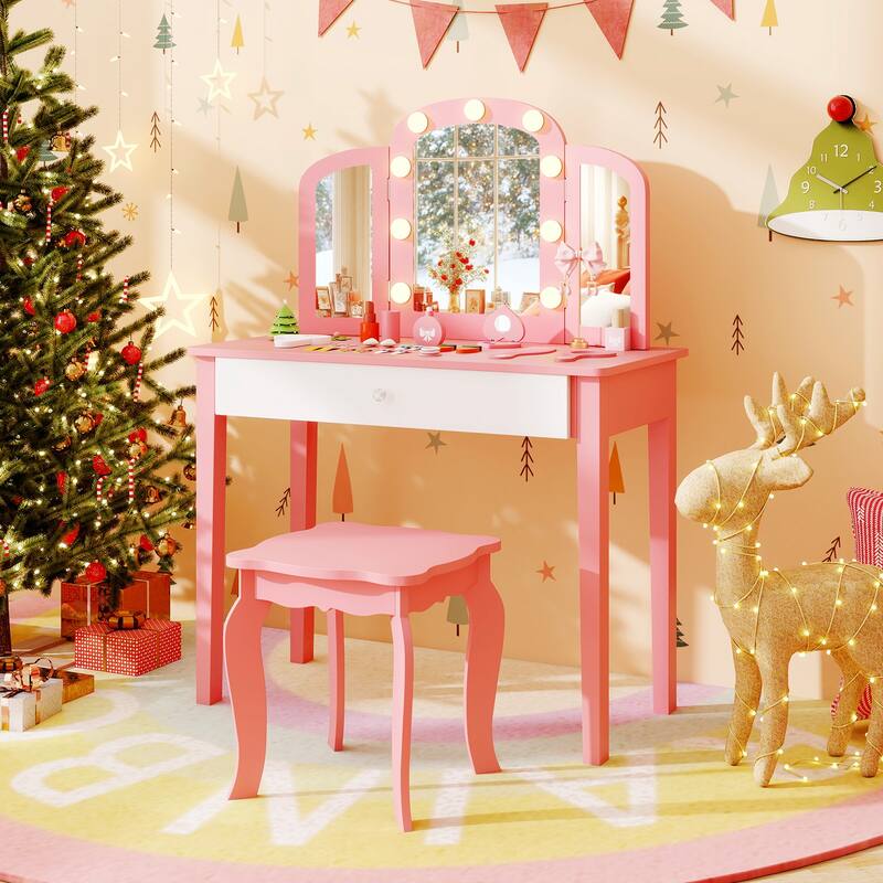 Gymax Kids Vanity Table Set 2-in-1 Princess Makeup Dressing Desk