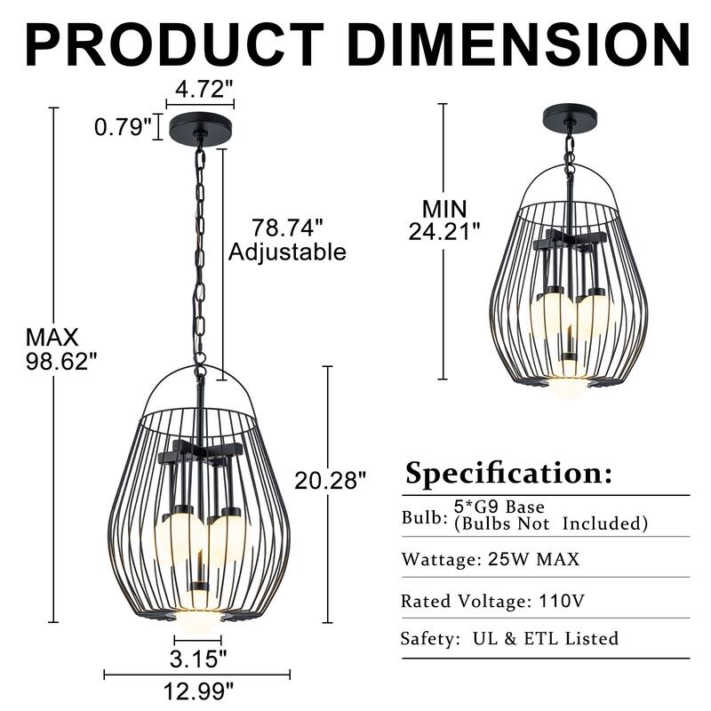 5-Light Birdcage Pendant Light with Opal Glass Globe Shades - Dia.13-in