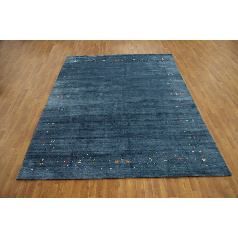 Hand Knotted Oriental Viscose Silk Carpet Tribal Animal Pictorial Navy Blue & Blues Gabbeh Area Rug - 9' 9'' X 7' 9''