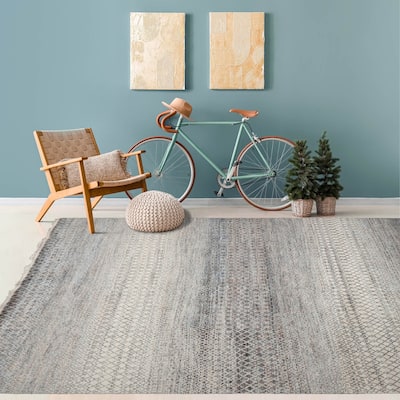 Beige Tibetan Wool & Bamboo Silk Hand Knotted Rug Geometric Style - 8' x 10'