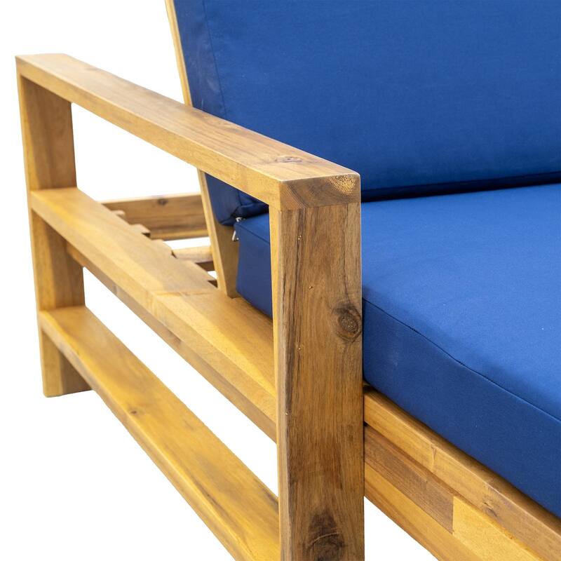 Acacia Wood Chaise Lounge Patio Recliner with Adjustable Backrest & Padded Cushion, Outdoor Sunbathing Chair for Poolside Areas