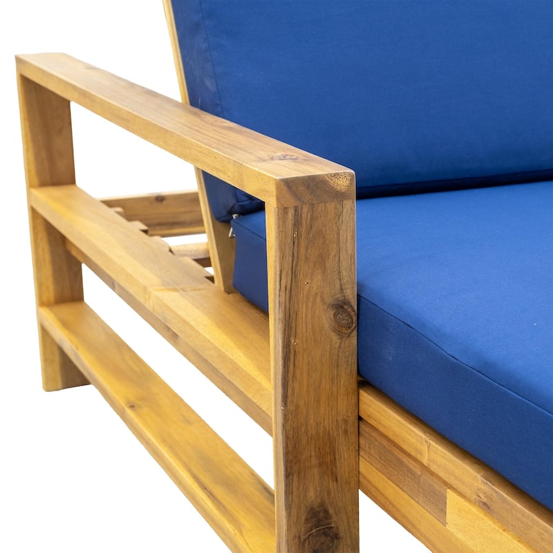 Outdoor Patio Acacia Wood Daybed Lounge Chair with Adjustable Backrest