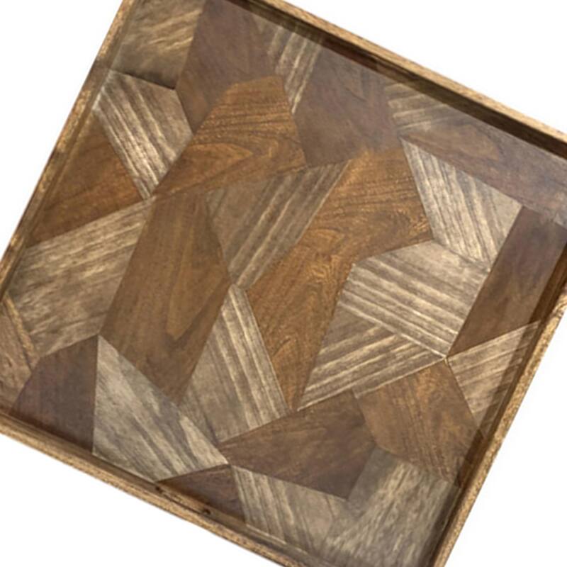 Hely Decorative Wood Tray, 27 Inch Square, Geometric Pattern, Brown Beige