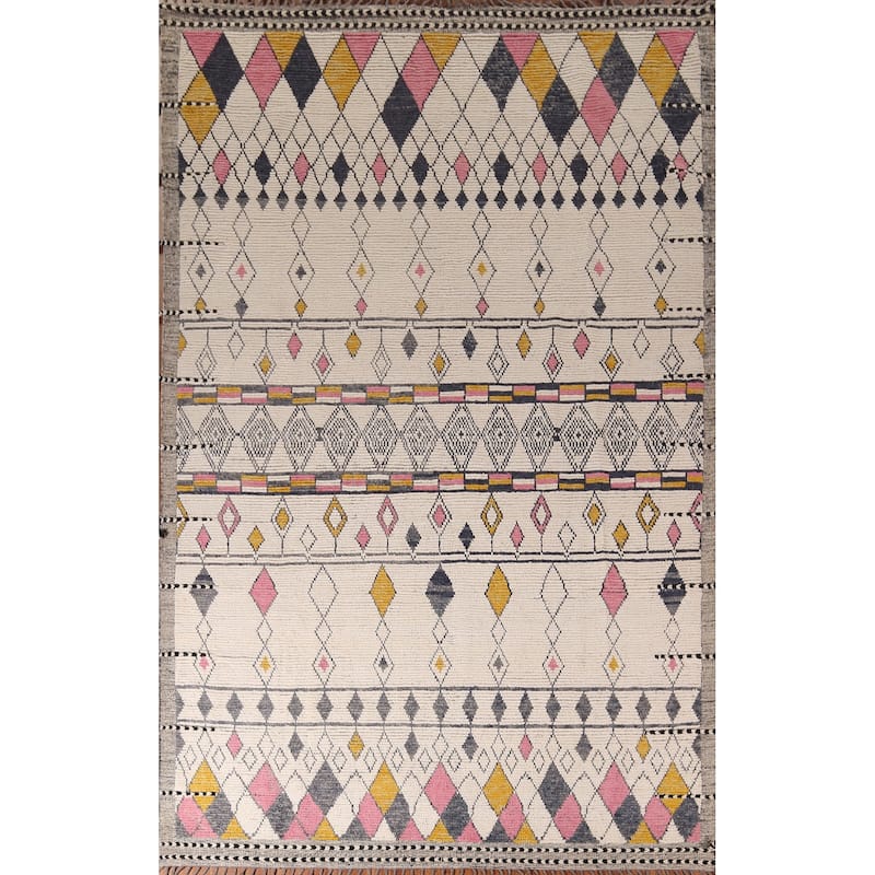 Geometric Beige Moroccan Area Rug Handmade Modern Wool Carpet - 8'10"x 12'9"