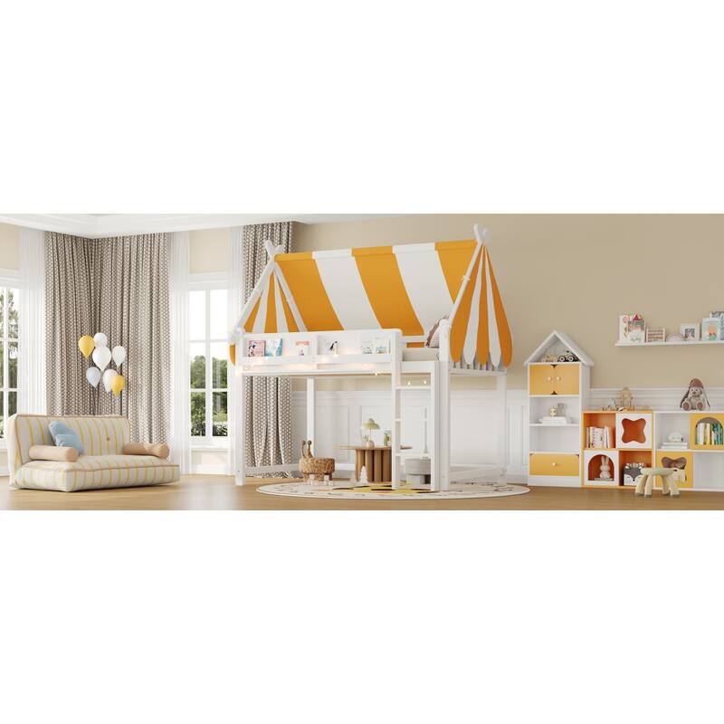 Roomfitters Twin/Full Size Loft Bed with Canopy, LED Lights and Book Shelf