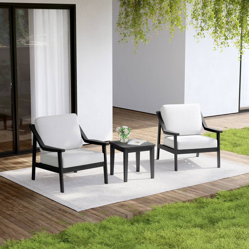 Outdoor Wood Cushioned Patio Set of 2 Accent Chair with Side Table