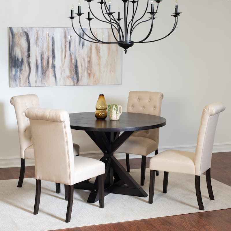 5 Piece Round Dining Table Set, Dining Room Furniture Set with Cross-Buck Dining Table and 4 Upholstered Chairs