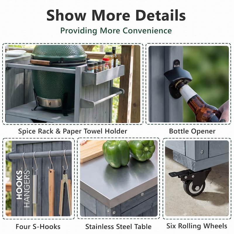 80.5" Solid Wood Outdoor Kitchen Island with Stainless Steel Top, Grill Cart Compatible with Big Green Egg & Blackstone