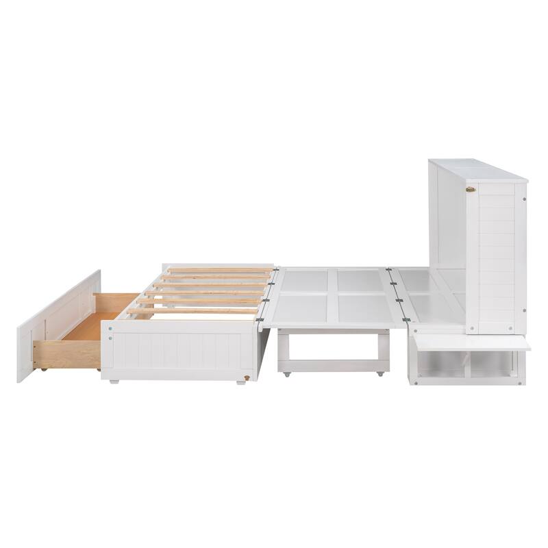 Queen Solid Pine Murphy Bed with Storage Drawer and Shelves