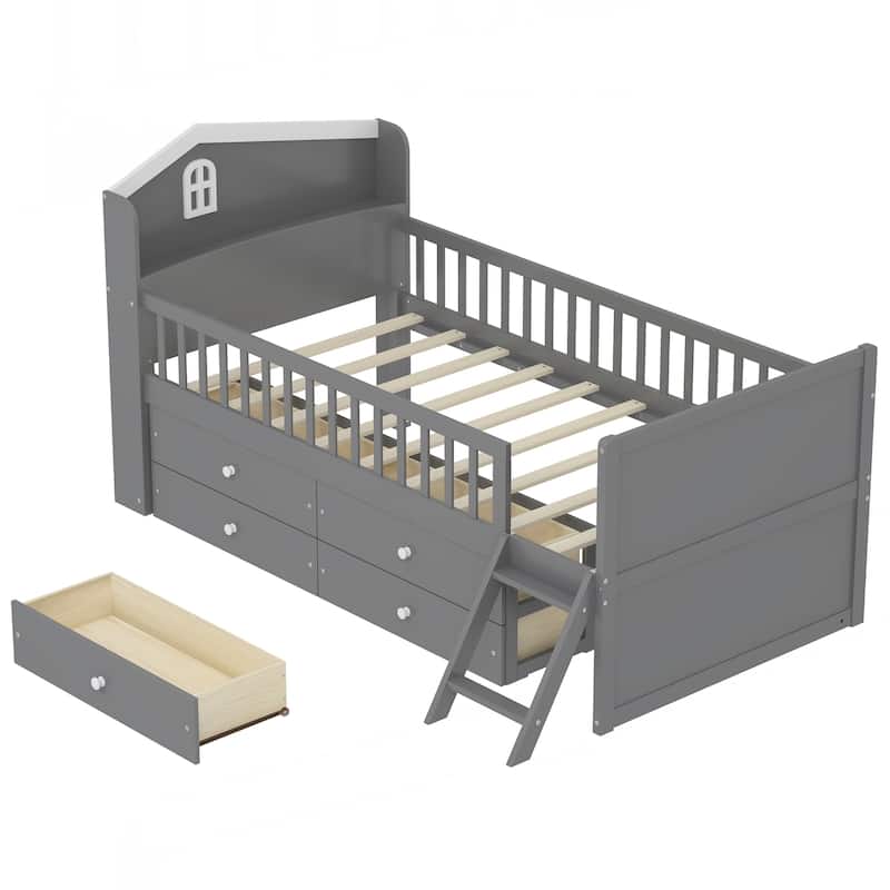 Twin Bed Frame with Storage 4 Drawers,Wooden Bed Frame for Kids,Platform Twin Size Bed with Guardrail Headboard