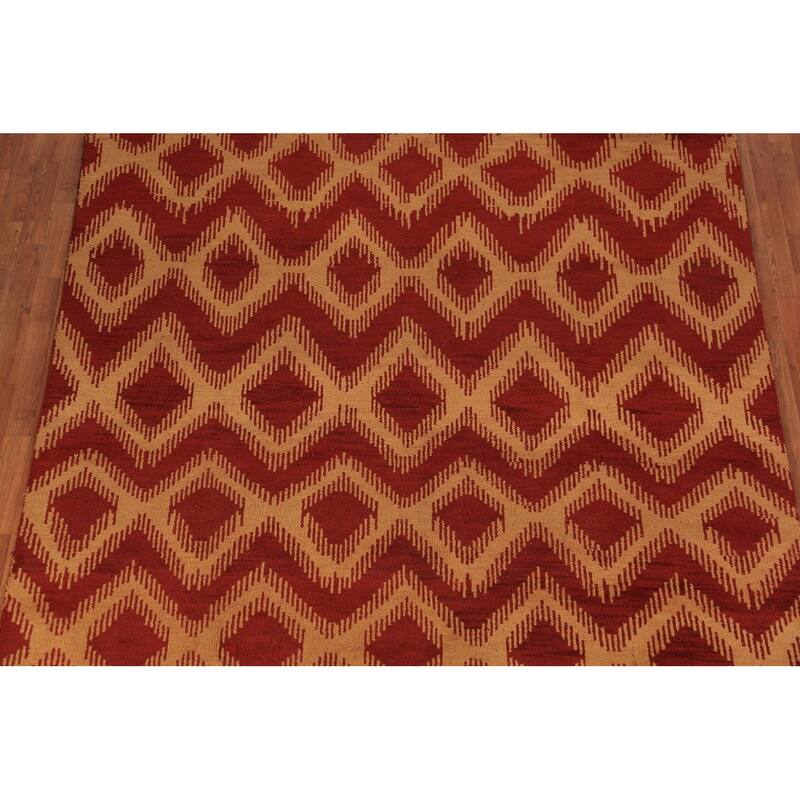 Hand Knotted Oriental 100% Wool Carpet Modern Geometric Red Moroccan Area Rug - 9' 7'' X 7' 11''