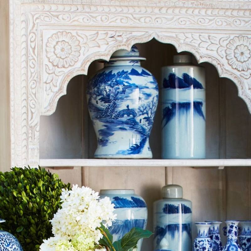 Blue & White Porcelain Temple Jar Landscape Motif - 13x13x22.5