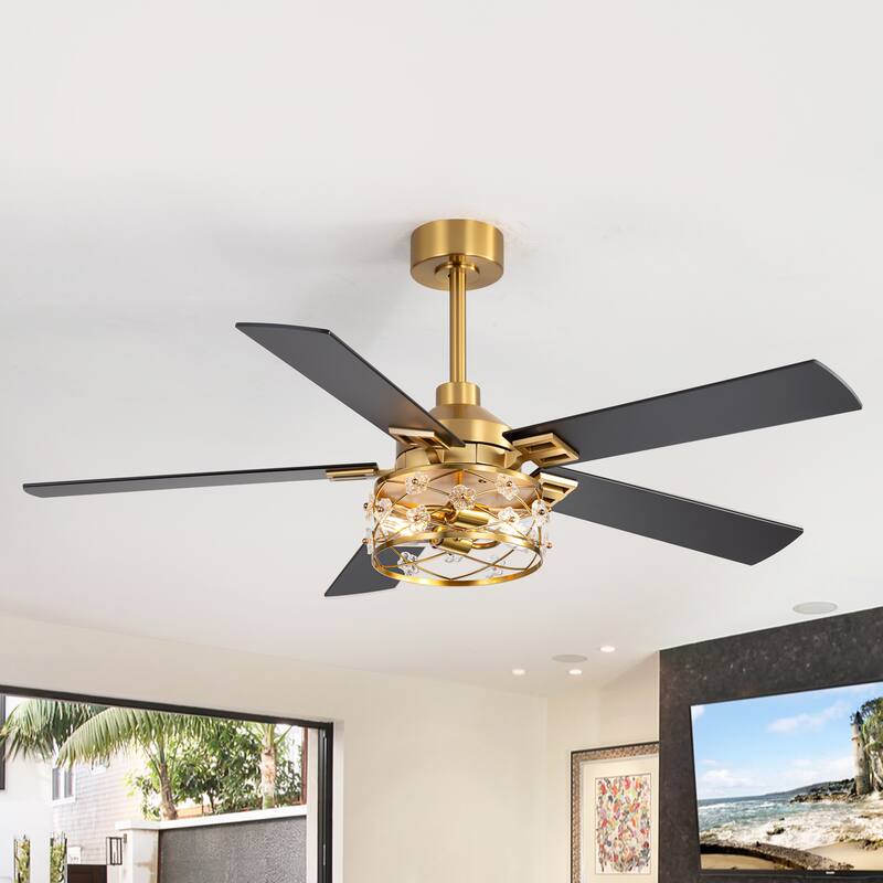 52" Reversible 5-Blade Farmhouse Glam Floral Glass Caged Ceiling Fan with Light and Remote