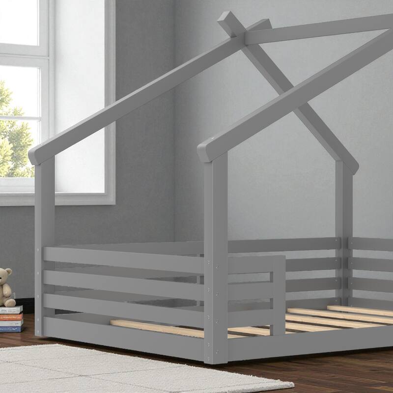 Twin/Full Size Solid Wood House Floor Bed with Window and Shelf, Montessori Low Bed Frame for Kids, No Box Spring Needed