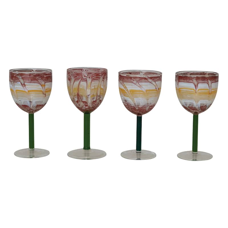 Hand-Blown Art Glass Wine Glasses with Stems, Set of 4 - 3.0"L x 3.0"W x 6.25"H