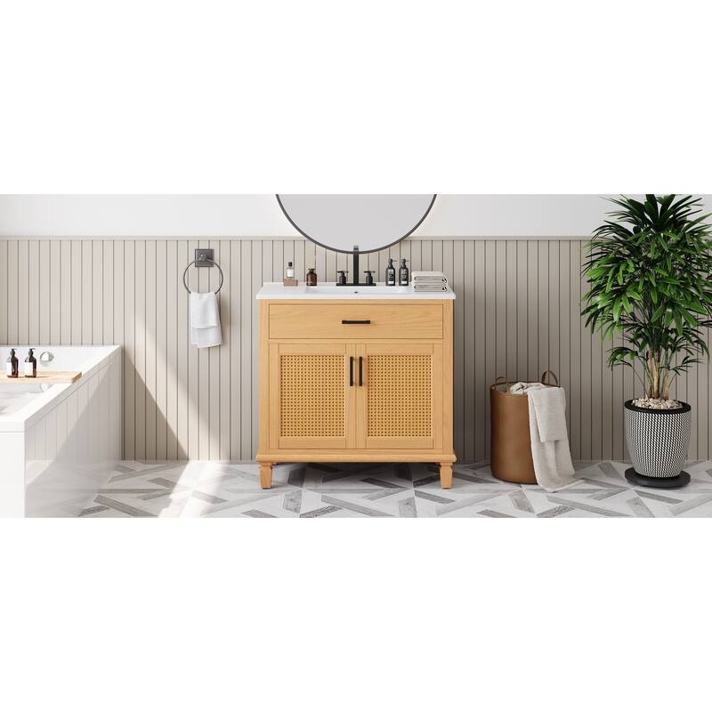 36 Inch Rattan Door Bathroom Vanity with Ceramic Sink Combo