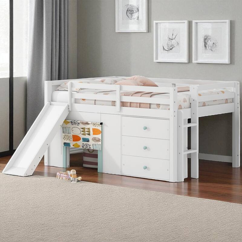 Full Size Low Loft Bed with Slide, 3 Storage Drawers, 2 Doors, Solid Wood Frame, White Loft Bed for Kids