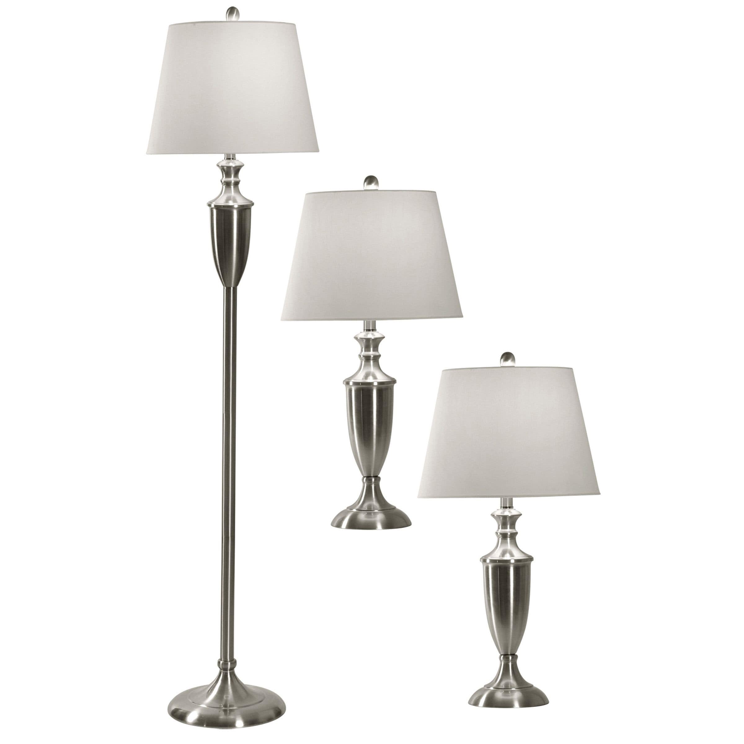 StyleCraft Brushed Steel Table and Floor Lamp - Geneva Off-White Hardback Fabric Shade (Set of 3)