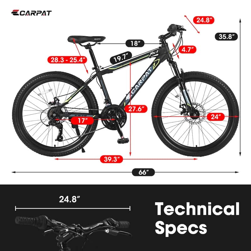 24 In. Steel Mountain Bike for Boys Girls with Daul Disc Brakes