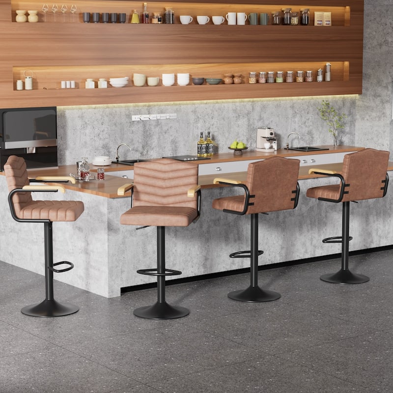 Javlergo 2-Piece & 4-Piece Adjustable Height Bar Stools Brown PU Leather with Armrests Arc Footrest Base for Kitchen or Bar