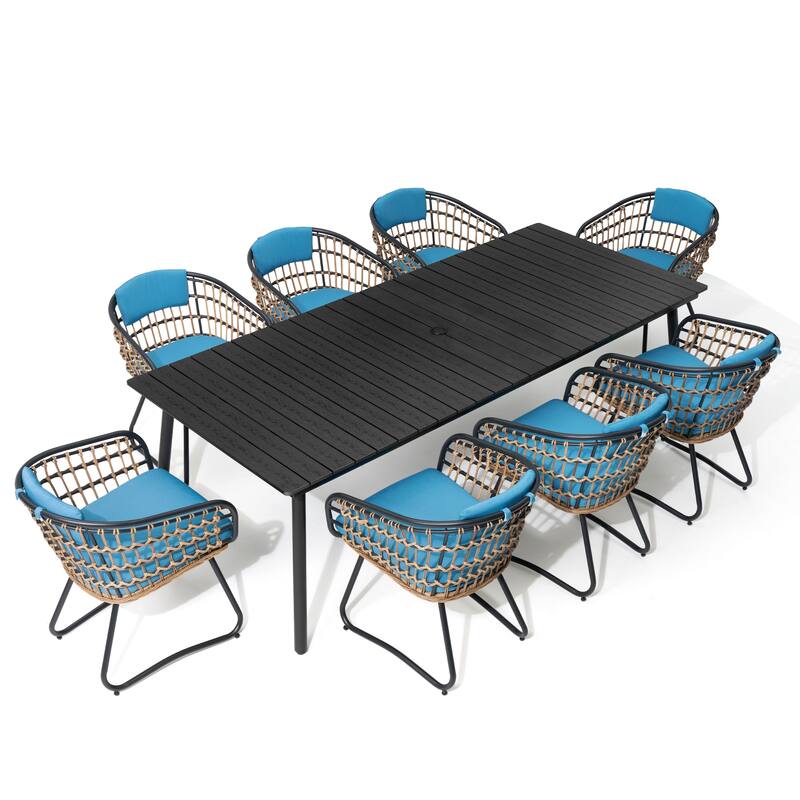 Outdoor 9PC- Patio Rectangular Aluminum Dining Table Sets with Umbrella Hole with Rattan Chair