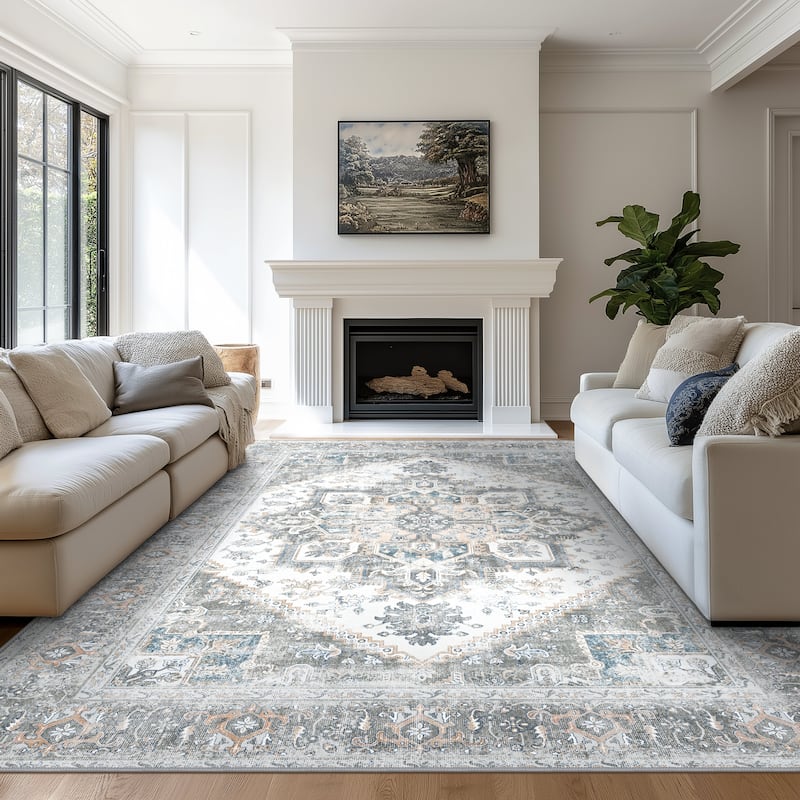 Mcow Vintage Gray Classical Pattern Ultra-Thin Low-Pile 5x7 Non-Slip Washable Area Rug - 5' x 7'