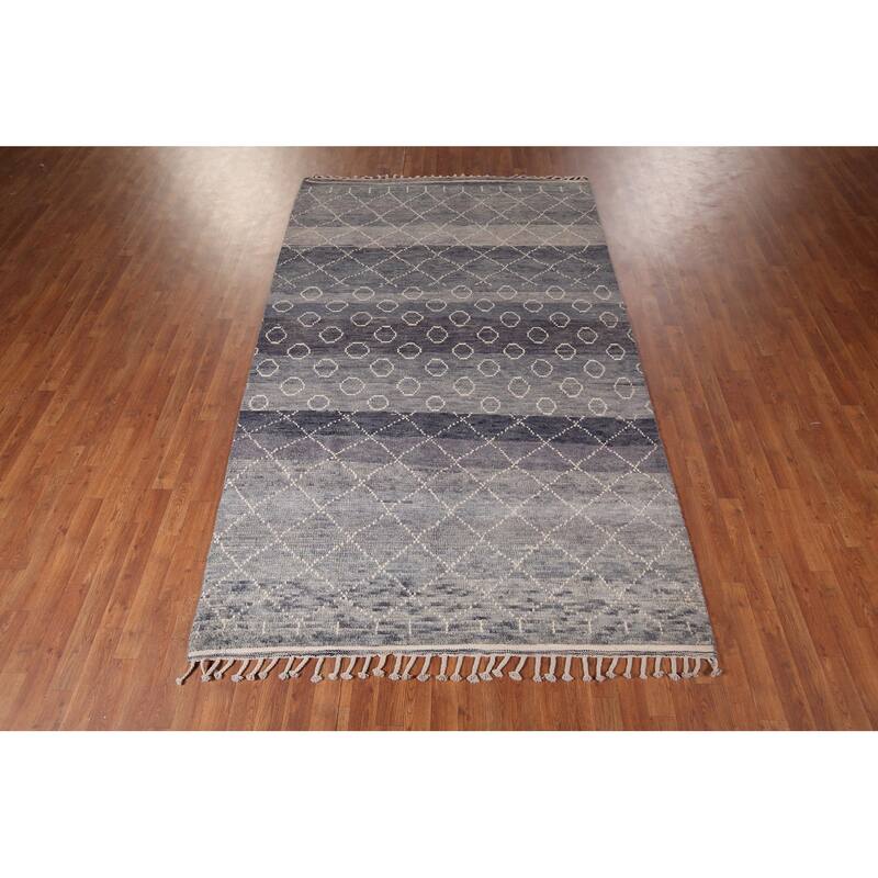 Grays & Blues Trellis Moroccan Oriental Rug Hand-Knotted Wool Carpet - 5'11"x 9'8"