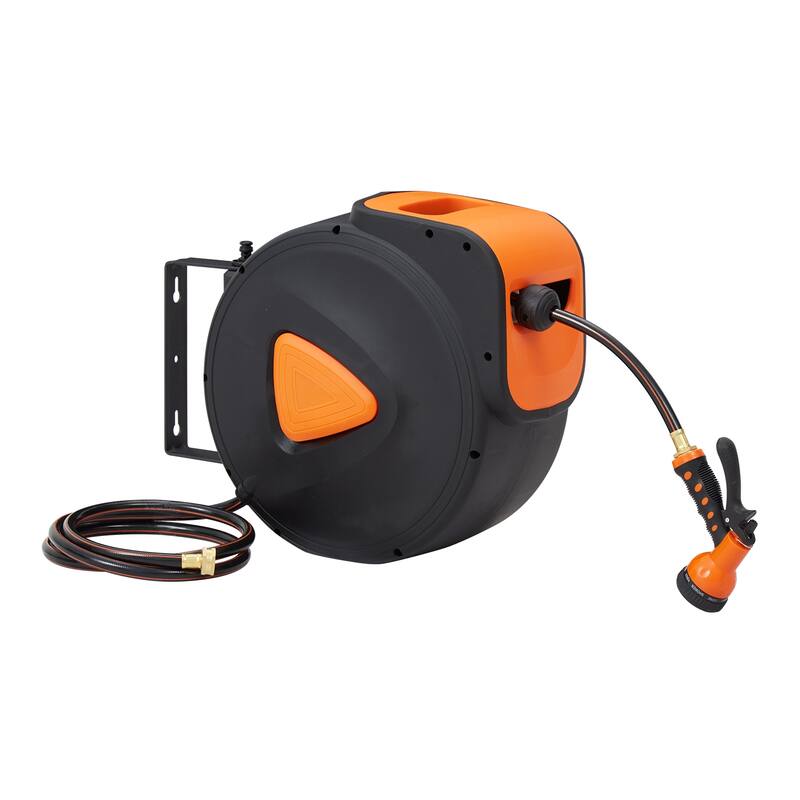 Retractable Garden Hose Reel with 100FT Water Hose, Wall Mount & 180