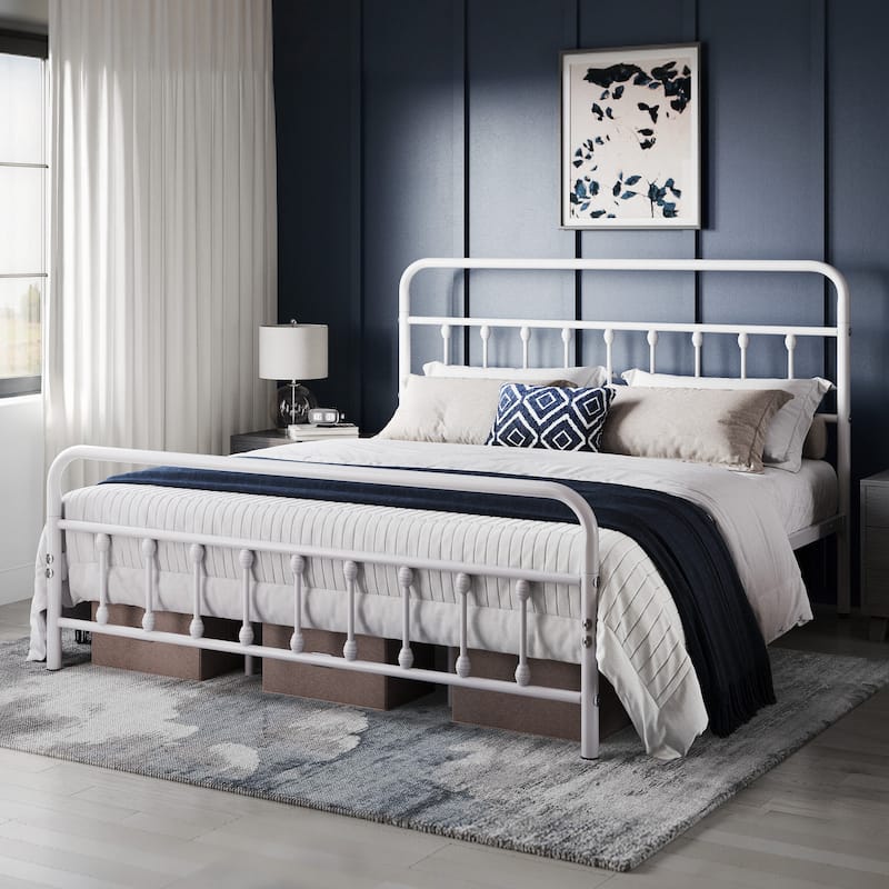 Yaheetech Classic Iron Bed Metal Bed Frames with High Headboard - White - King