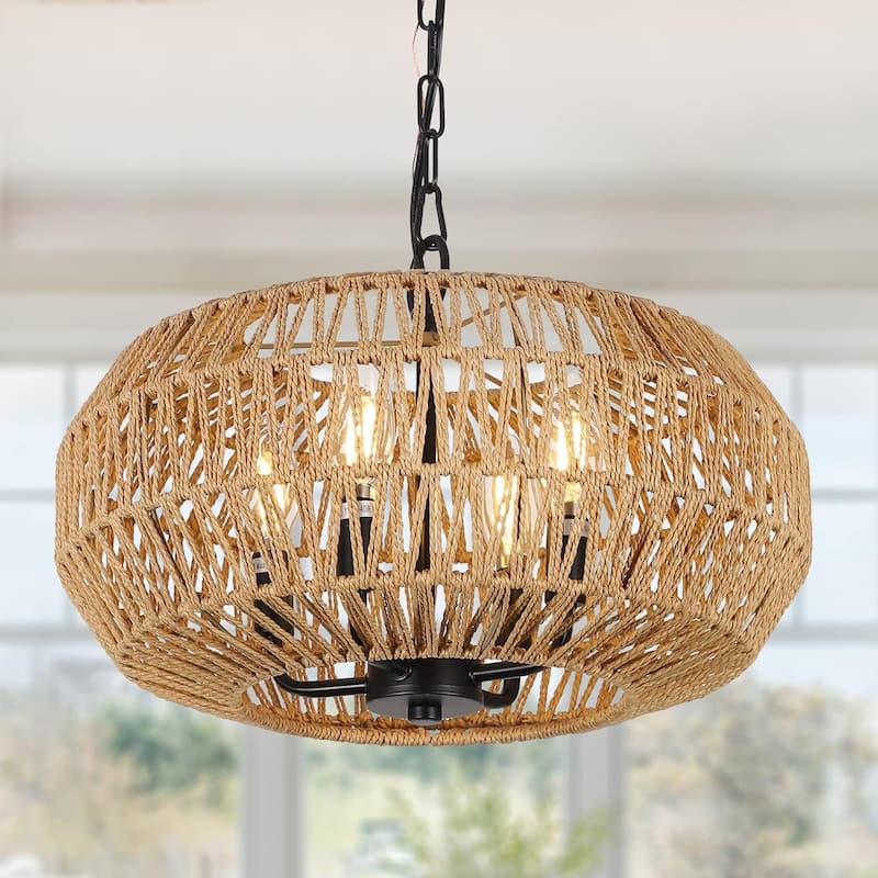 Farmhouse Rattan Pendant Lights,15.7" 4-Light Boho Chandelier Light Fixture,Wicker Hand Woven Basket Pendant Hanging - Brown