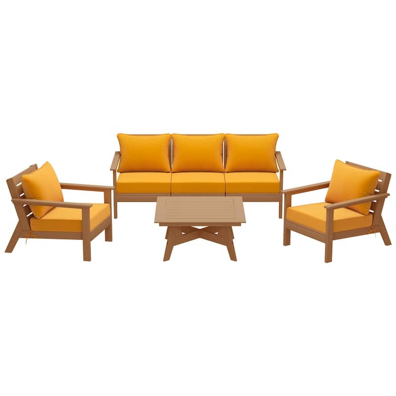 Birchwood All Weather HDPE Outdoor Patio Teak Deep Seating Conversation Set (6-Piece Set)