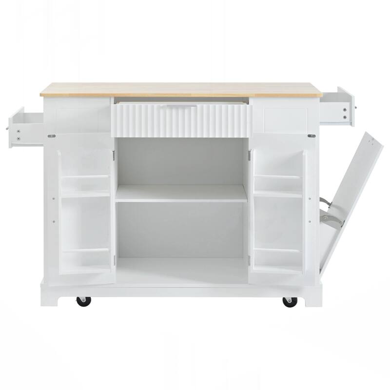 Kitchen Island with Trash Can Storage Cabinet, Power Outlet, Internal Storage Rack, Rolling Kitchen Islands on 5 Wheels - White
