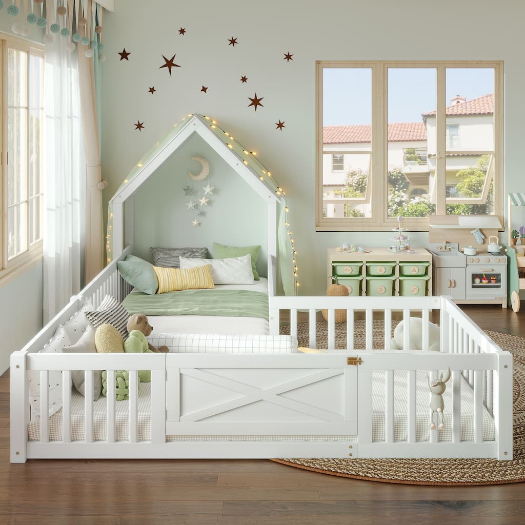Roomfitters Double House Floor Bed with Door, Solid Wood Frame with Fence Guardrails for Playroom