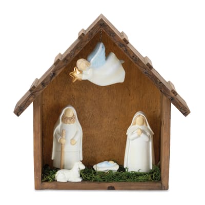 10" Long Resin Nativity Display with Flying Angel Mary Joseph and Baby Jesus Accent for Christmas Decoration