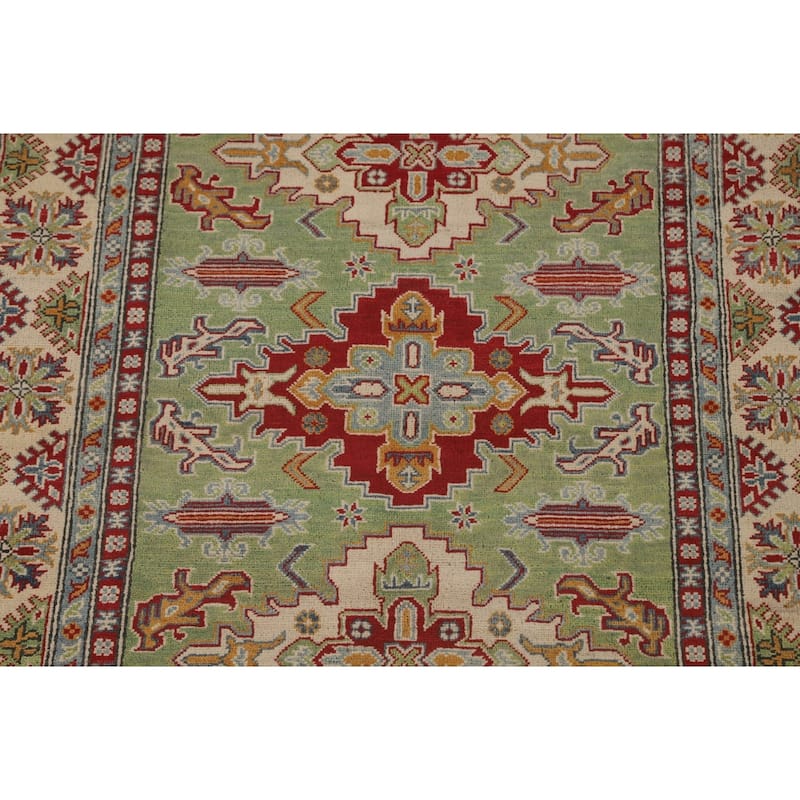 Light Green Geometric Kazak Area Rug Handmade Wool Carpet - 5'0" x 7'0"