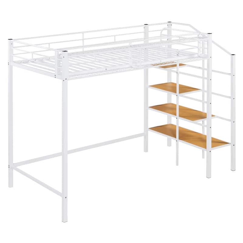 Twin Size Metal Loft Bed with Upper Grid Storage Shelf and Lateral Storage Ladder