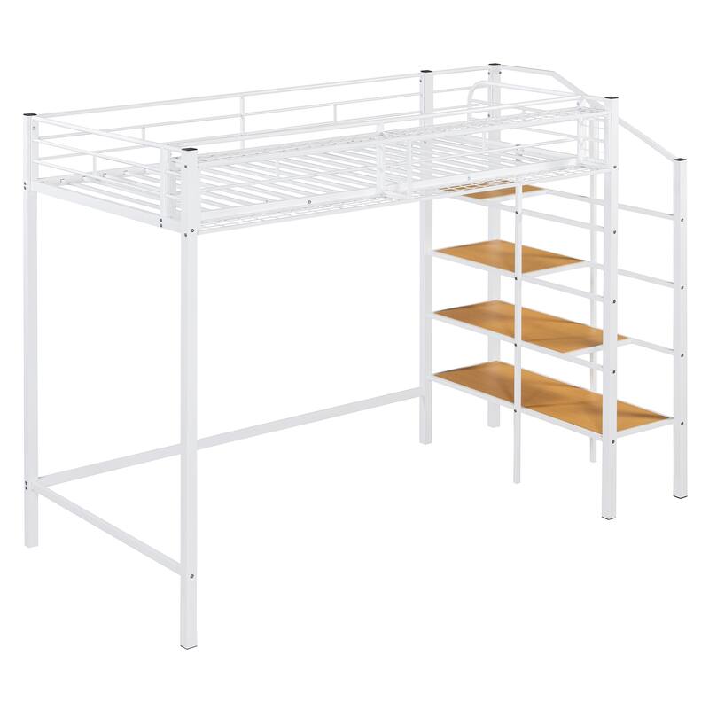 Twin Size Metal Loft Bed with Upper Storage Shelf and Lateral Ladder, White