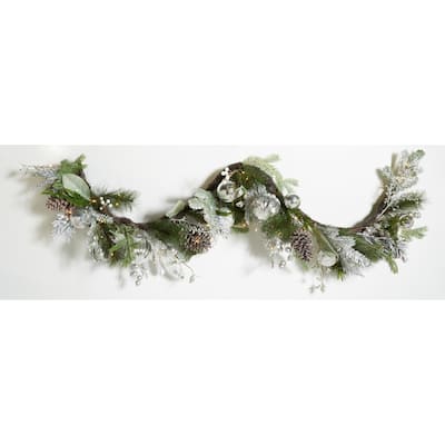 SAFAVIEH Faux 28 Inch Snowy Pine Led Garland W/ Ornaments - Silver/Green - 12" W x 6" D x 72" H