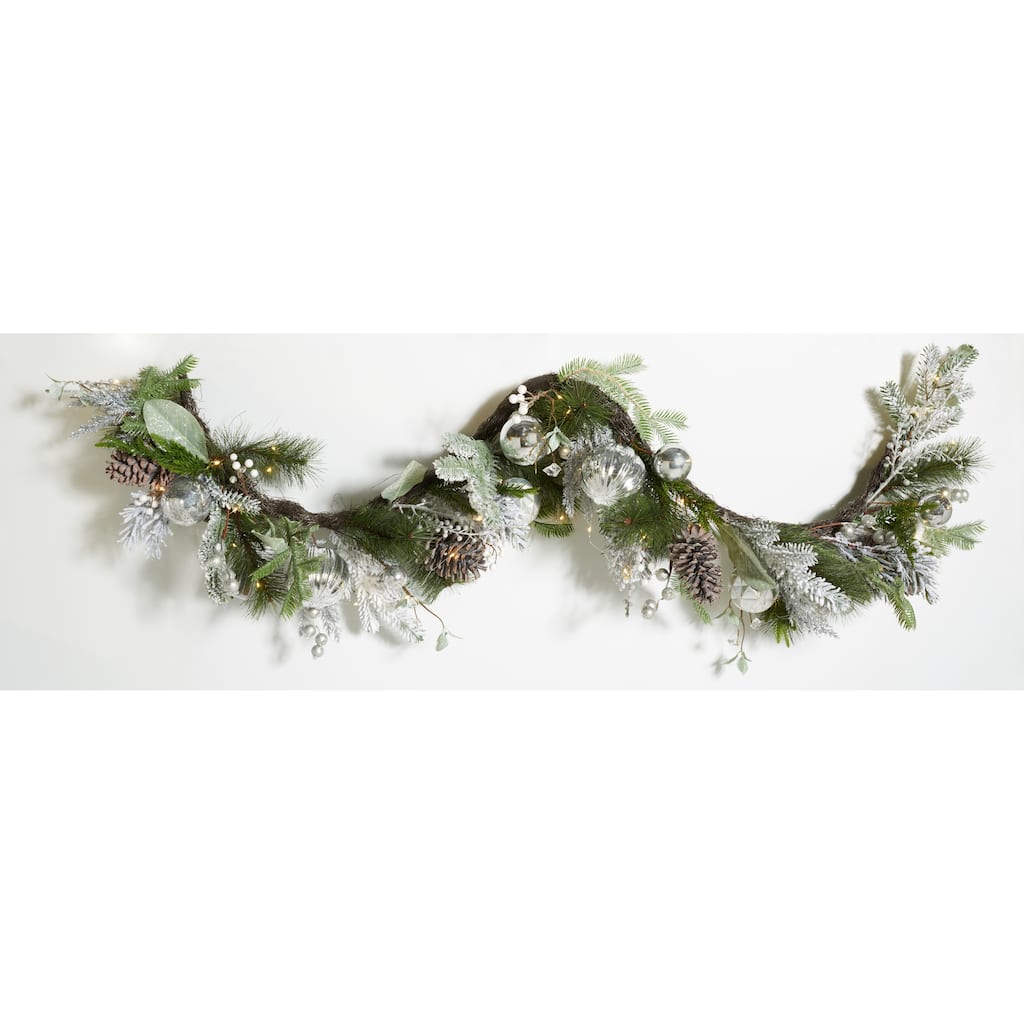 SAFAVIEH Marlena Faux 28 Inch Snowy Pine Led Garland with Ornaments - Silver/Green - 12" W x 6" D x 72" H - 12Wx6Dx72H
