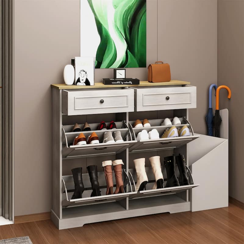 39.37 in. H x 41.3 in. W Antique White Shoe Cabinet with 2 Drawers and 4 Flip Drawers