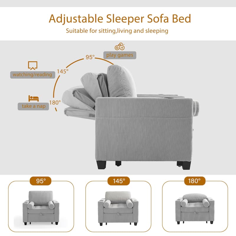 2 Set 3-in-1 Adjustable Recline Convertible Chair Bed Sleeper with USB Port