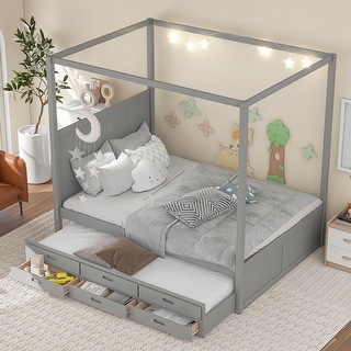 Queen Size Wooden Canopy Platform Bed with Trundle(Twin) & 3 Storage Drawers Design, Solid Pine Bedframe, No Box Spring Needed