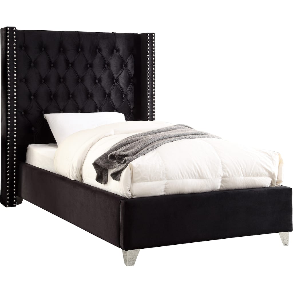 Modern Velvet Upholstered Bed - Deep Button Tufted Bed Frame with Chrome Legs