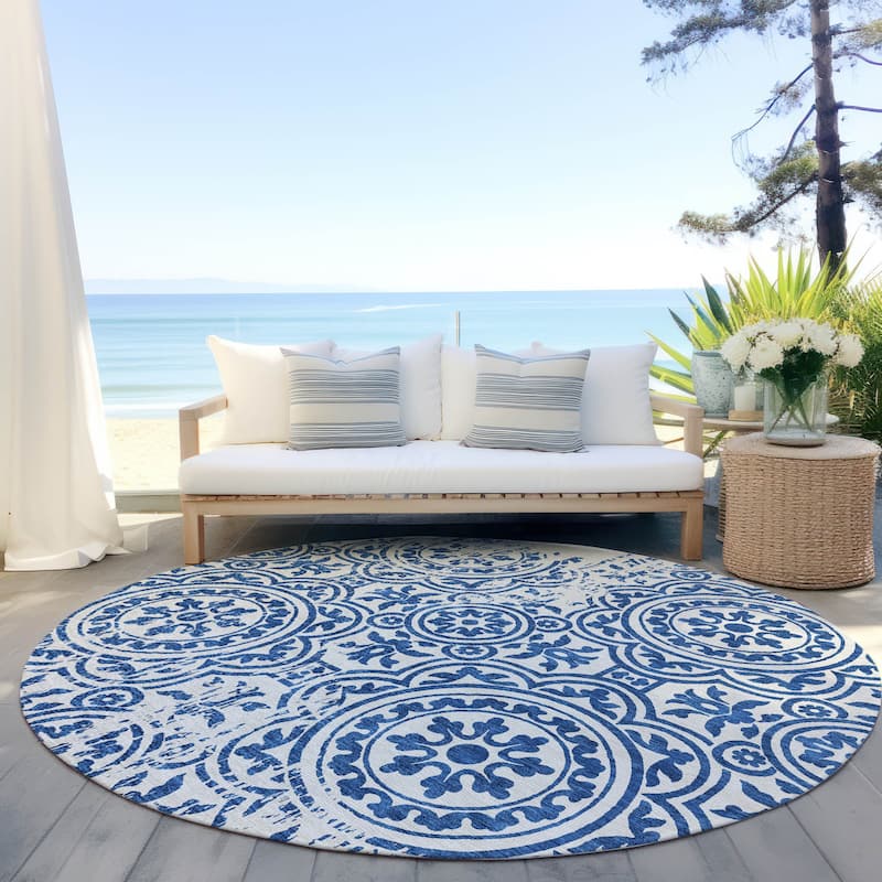 Machine Washable Indoor/ Outdoor Chantille Suzani Vintage Rug - Navy - 8' x 8'