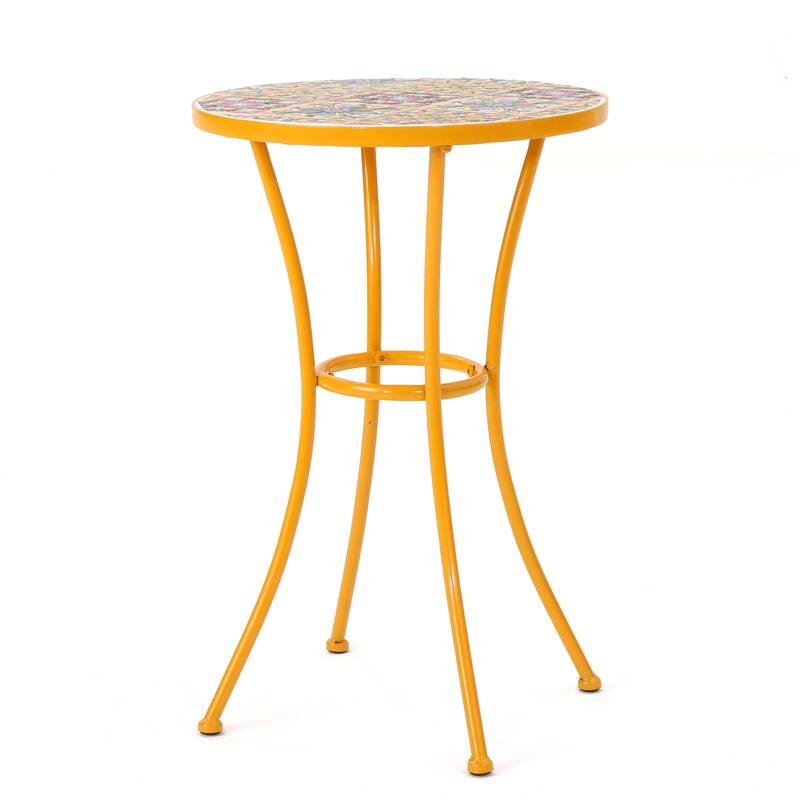 Outdoor Side Table with Tile Mosaic Table Top and Metal Legs, Yellow - 11.02