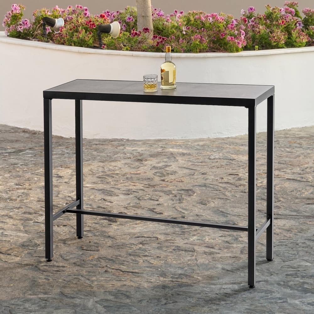 Outdoor Iron Rectangular Bar Table with 3D-Print Tempered Glass Tabletop, Black and Gray