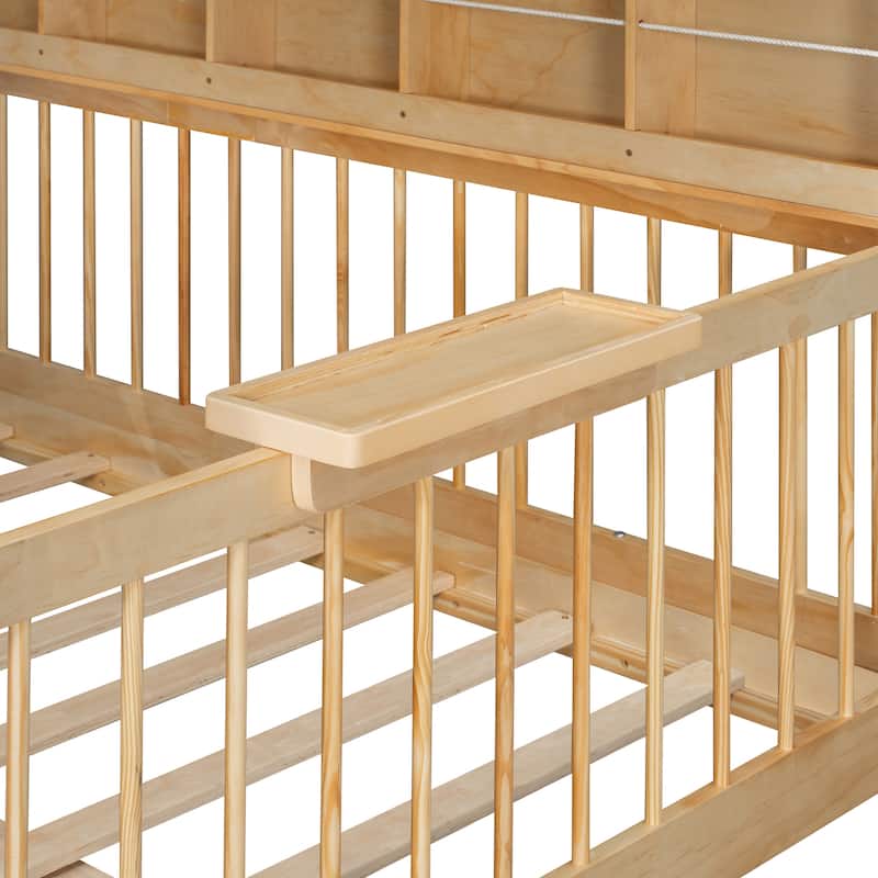 Full Size House Bed Wood Platform Bed with Tent and 21.7 inch Rail, LED Kids Bed with 2 Drawers Side Bookshelf Integrated Socket